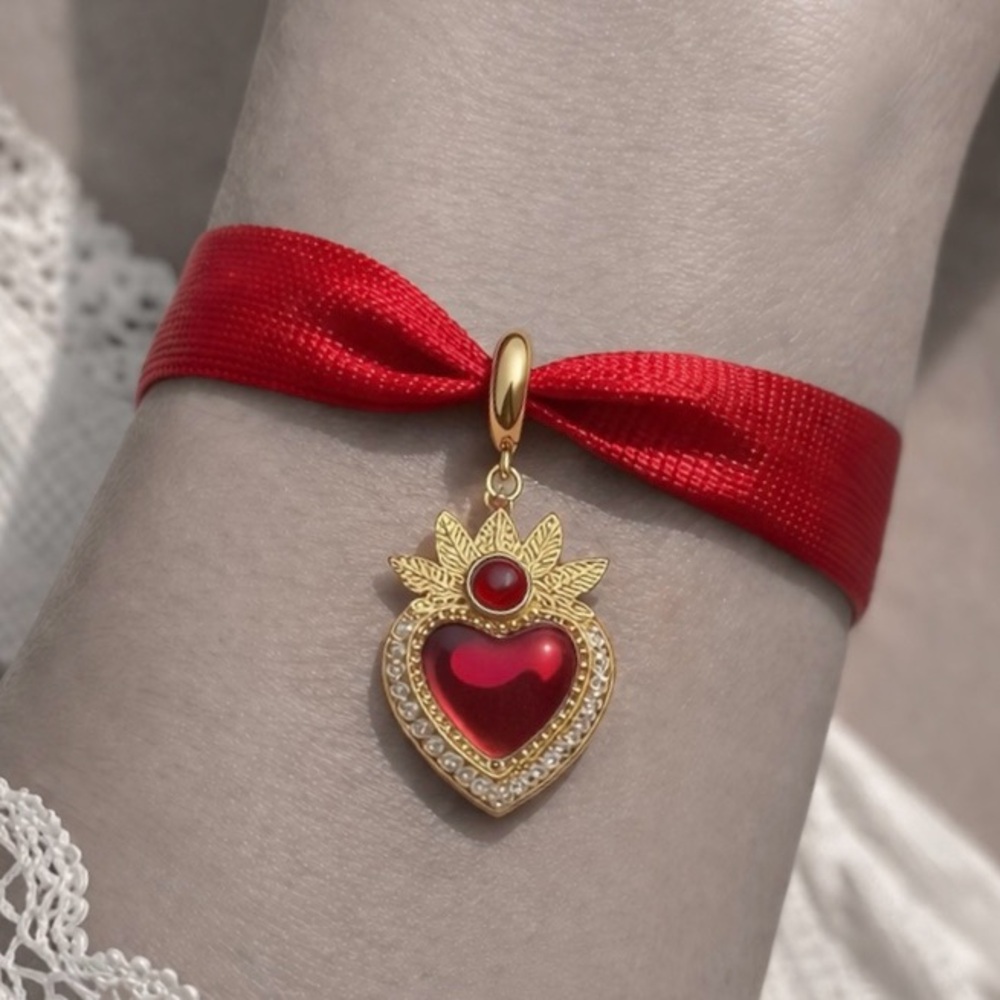 “Blooming Sacred Heart” Jesus Immaculate Mary Catholic Ruby Red Ribbon Bracelet